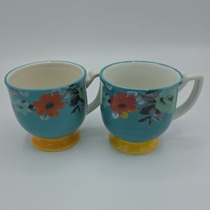 2 Pioneer Woman Flea Market Turquoise & Yellow Floral Footed Mug 15oz Coffee Cup